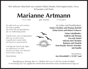 Traueranzeige von Marianne Artmann von Pegnitz-Zeitung